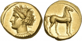 CARTHAGE. Circa 340-330 BC. Stater (Gold, 19 mm, 9.17 g, 7 h). Head of Tanit to left, wearing a triple pendant earring, a necklace, tied at the back a...