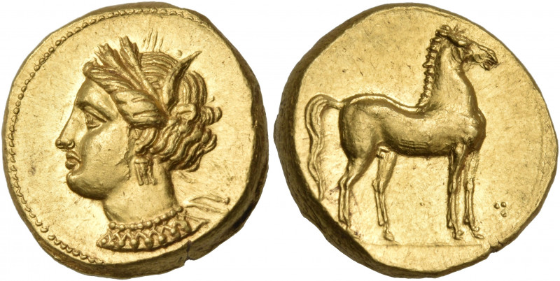 CARTHAGE. Circa 350-320 BC. Stater (Gold, 18 mm, 9.30 g, 2 h). Head of Tanit to ...