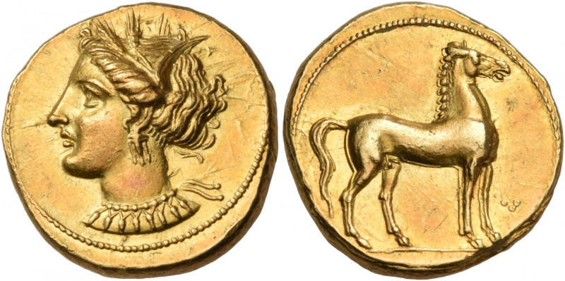 CARTHAGE. Circa 350-320 BC. Stater (Gold, 18 mm, 9.23 g, 7 h). Head of Tanit to ...