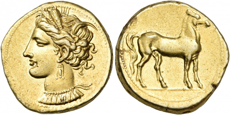 CARTHAGE. c. 290-270 BC. Stater (Electrum, 20 mm, 7.39 g, 12 h). Head of Tanit t...