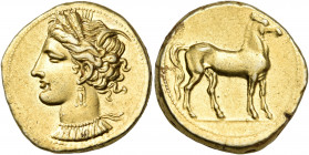 CARTHAGE. c. 290-270 BC. Stater (Electrum, 20 mm, 7.39 g, 12 h). Head of Tanit to left, wearing grain wreath, triple pendant earring and pearl necklac...