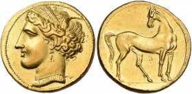 CARTHAGE. Circa 270-264 BC. Trihemistater (Gold, 23.5 mm, 12.47 g, 12 h). Head of Tanit to left, wearing wreath of grain ears, triple pendant earring,...