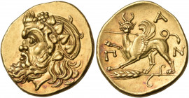 CIMMERIAN BOSPOROS. Pantikapaion. Circa 340-325 BC. Stater (Gold, 22.5 mm, 9.09 g, 11 h). Head of Pan to left, wearing a wreath of ivy. Rev. Π-Α-Ν Gri...