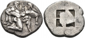 ISLANDS OFF THRACE, Thasos. Circa 480-463 BC. Stater (Silver, 22 mm, 8.07 g). Nude, ithyphallic satyr rushing to right in the archaic kneeling-running...