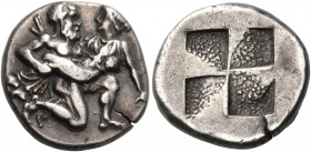 ISLANDS OFF THRACE, Thasos. Circa 412-404 BC. Drachm (Silver, 16 mm, 3.70 g). Ithyphallic satyr advancing partly to right, carrying protesting nymph. ...