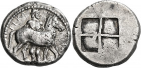 THRACO-MACEDONIAN TRIBES, Bisaltai. Circa 475-465 BC. Oktadrachm (Silver, 32 mm, 28.43 g). CΙΣΑ ΛΤΙΚΩΝ ( partially retrograde and inverted ) Nude male...