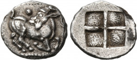 THRACO-MACEDONIAN TRIBES, Mygdones or Krestones. Circa 490-485 BC. 1/8 Stater (Silver, 12 mm, 1.08 g). Goat kneeling right on pelleted ground line, hi...