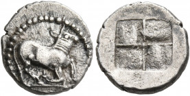 THRACO-MACEDONIAN TRIBES, Orreskioi. Circa 480-465 BC. Diobol (Silver, 11.5 mm, 1.09 g). Bull standing to right, beginning to crouch down. Rev. Quadri...