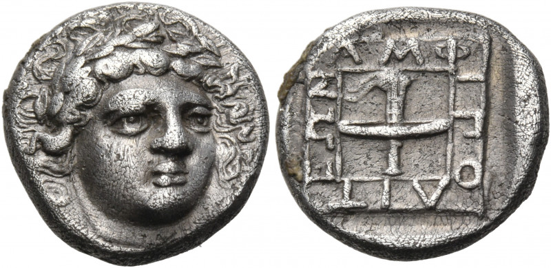 MACEDON. Amphipolis. 369/8 BC. Drachm (Silver, 15 mm, 3.43 g, 4 h). Laureate hea...