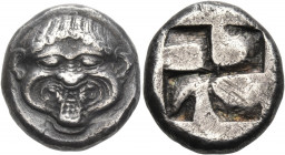 MACEDON. Neapolis. Circa 500-480 BC. Stater (Silver, 20 mm, 9.01 g). Gorgoneion with gnashing teeth and protruding tongue. Rev. Quadripartite incuse s...