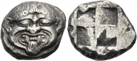 MACEDON. Neapolis. Circa 500-480 BC. Stater (Silver, 20 mm, 9.52 g), c. 500. Facing Gorgoneion with gnashing teeth and extended tongue. Rev. Quadripar...