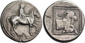 KINGS OF MACEDON. Alexander I, 498-454 BC. Tetradrachm (Silver, 27 mm, 12.66 g, 6 h), circa 460-451/0. Horseman, wearing chlamys and petasos, and hold...