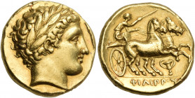 KINGS OF MACEDON. Philip II, 359-336 BC. Stater (Gold, 17.5 mm, 8.60 g, 5 h), Pella, circa 345-340 or 342-336. Laureate head of Apollo to right. Rev. ...