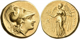 KINGS OF MACEDON. Alexander III ‘the Great’, 336-323 BC. Stater (Gold, 18 mm, 8.44 g, 12 h), Kallatis, circa 250-225. Helmeted head of Athena to right...