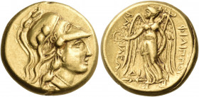 KINGS OF MACEDON. Philip III Arrhidaios, 323-317 BC. Stater (Gold, 18 mm, 8.51 g, 11 h), Arados, 323-320. Head of Athena to right, wearing pendant ear...