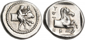 THESSALY. Trikka. Circa 440-400 BC. Hemidrachm (Silver, 15 mm, 3.28 g, 5 h). Youthful hero, Thessalos, nude ( with neither cloak nor petasus ), stridi...