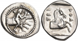 THESSALY. Trikka. Circa 440-400 BC. Hemidrachm (Silver, 17 mm, 3.02 g, 2 h). Youthful hero, Thessalos, nude but for cloak and petasos hanging over his...