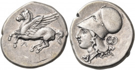 AKARNANIA. Leukas. Circa 350-320 BC. Stater (Silver, 22 mm, 8.55 g, 3 h). Λ Pegasos flying to left. Rev. Helmeted head of Athena to left; behind, two ...