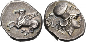 AKARNANIA. Leukas. Circa 320-280 BC. Stater (Silver, 22 mm, 8.45 g, 9 h). Λ Pegasus with straight wings, flying to left. Rev. Head of Athena to right,...