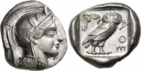 ATTICA. Athens. Circa 449-404 BC. Tetradrachm (Silver, 26 mm, 17.22 g, 11 h), Starr transitional type, early 440s. Head of Athena to right, wearing cr...