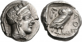 ATTICA. Athens. Circa 449-404 BC. Tetradrachm (Silver, 25 mm, 17.16 g, 1 h), 440s-430s. Head of Athena to right, wearing crested Attic helmet adorned ...
