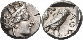 ATTICA. Athens. Circa 420s BC. Tetradrachm (Silver, 21 mm, 17.15 g, 8 h). Head of Athena to right, wearing disc earring, pearl necklace and a crested ...