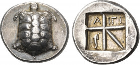 ISLANDS OFF ATTICA, Aegina. Circa 350-338 BC. Stater (Silver, 23.5 mm, 12.26 g, 10 h). Tortoise seen from above. Rev. Incuse square divided into five ...