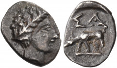 ISLANDS OFF ELIS, Kephallenia. Same. Mid 4th-mid 3rd centuries BC. Obol (Silver, 11 mm, 0.70 g, 6 h). Head of Prokris to right, wearing wreath of leav...