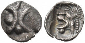 ASIA MINOR, Mysia. Kyzikos (?). Earlier 5th century BC. Hemitetartemorion (Silver, 7 mm, 0.14 g). Three crescents, two back to back and a further one ...