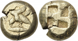 MYSIA. Kyzikos. Circa 500-450 BC. Stater (Electrum, 19 mm, 15.75 g). Sea eagle, with spread wings, alighting on a tunny fish, which he clasps with his...