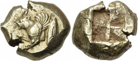 MYSIA. Kyzikos. Circa 500-450 BC. Stater (Electrum, 21 mm, 16.28 g). Forepart of winged lioness to left; behind, tunny swimming upwards. Rev. Quadripa...