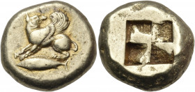 MYSIA. Kyzikos. Circa 500-450 BC. Stater (Electrum, 21 mm, 16.13 g). Winged dog seated left, his head turned back to right; below, tunny fish to left....