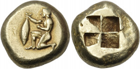 MYSIA. Kyzikos. Circa 500-450 BC. Stater (Electrum, 20 mm, 15.85 g). Nude male kneeling to left, holding, in his right hand, a tunny by its tail. Rev....
