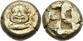 MYSIA. Kyzikos. Circa 500-450 BC. Stater (Electrum, 20 mm, 16.09 g). Gorgoneion facing, with open mouth, protruding tongue and serpent hair; below, tu...