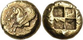 MYSIA. Lampsakos. Circa 412 BC. Stater (Electrum, 20 mm, 15.26 g). Forepart of Pegasos with curved wings left; below, Ξ; all surrounded by a vine with...