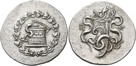 MYSIA. Pergamon. Circa 166-133, under the Attalids. Cistophoric Tetradrachm (Silver, 31 mm, 12.58 g, 1 h), c. 160-150. Basket (cista mystica) from whi...