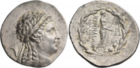 AEOLIS. Myrina. Circa 155-145 BC. Tetradrachm (Silver, 33 mm, 16.76 g, 12 h). Laureate head of Apollo to right. Rev. MΥΡINAIΩN Apollo Grynios standing...