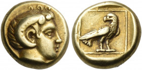 LESBOS. Mytilene. Circa 377-326 BC. Hekte (Electrum, 10 mm, 2.54 g, 11 h). Head of Apollo Karneios right, wearing horn of Ammon. Rev. Eagle standing t...