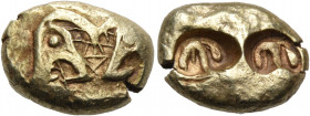 IONIA. Uncertain. Circa 600-550 BC. Trite (Electrum, 15 mm, 4.48 g), Lydo-Milesian standard. Pair of conjoined lion's heads, each with a powerful eye ...
