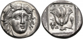 ISLANDS OFF CARIA, Rhodos. Rhodes. Circa 340-316 BC. Didrachm (Silver, 20 mm, 6.64 g, 12 h). Head of Helios facing, turned slightly to right. Rev. POΔ...