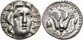 ISLANDS OFF CARIA, Rhodos. Rhodes. Circa 205-190 BC. Tetradrachm (Silver, 24 mm, 13.52 g, 12 h), struck under the magistrate Stasion. Radiate head of ...