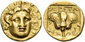 ISLANDS OFF CARIA, Rhodos. Rhodes. Circa 125-88 BC. 1/3 Stater (Gold, 13.5 mm, 2.86 g, 12 h), struck under the magistrate Peritas. Radiate facing head...