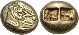 KINGS OF LYDIA. Alyattes II, circa 620/610-560 BC. Trite (Electrum, 13x11 mm, 4.71 g), Sardes, c. 610. A]ΛΥΑ ( in Lydian ) On the left, lion's head to...