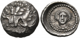 DYNASTS OF LYCIA. Mithrapata, circa 390-370 BC. Diobol (Silver, 13 mm, 1.06 g, 1 h), Tlos. Lion's scalp facing. Rev. T-ΛA-FE Youthful bust facing, wit...
