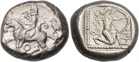 CILICIA. Tarsos. Circa 440-410 BC. Stater (Silver, 20 mm, 10.70 g, 7 h). Horseman (Syennesis?) riding to left, wearing kyrbasia, holding lotus flower ...