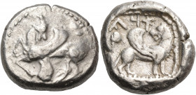 CILICIA. Ura (Kelenderis). Circa 460s-450s BC. Stater (Silver, 21 mm, 10.59 g, 10 h). 'RH in Aramaic, but barely visible Winged ibex kneeling to left,...
