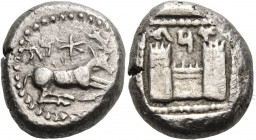 CILICIA. Ura (Kelenderis). Circa 460s-450s BC. Stater (Silver, 20 mm, 10.94 g, 6 h). 'RH' (in Aramaic) Ibex recumbent to right; all within border of d...