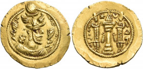 SASANIAN KINGS. Peroz I, 457/9-484. Dinar (Gold, 20 mm, 4.09 g, 3 h), NB or NY ( unlocated mint ). Degraded legend Crowned and cuirassed bust of Peroz...