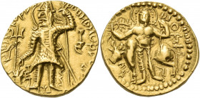 INDIA, Kushan Empire. Vasishka, circa 240-250. Dinar (Gold, 22 mm, 7.85 g, 12 h), mint E. Vasishka, nimbate, standing facing, head turned left, flames...