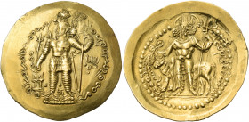 KUSHANO-SASANIANS. Hormizd I, circa 265-295. Dinar (Gold, 30 mm, 7.92 g, 11 h), Boxlo (Bakh). Ohromozoo Ooz orko Koshono Shohshoo Hormizd standing lef...